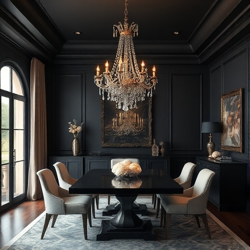 chandelier in dark dining area
