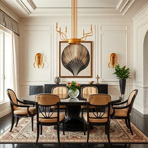 dining room with art deco style prints