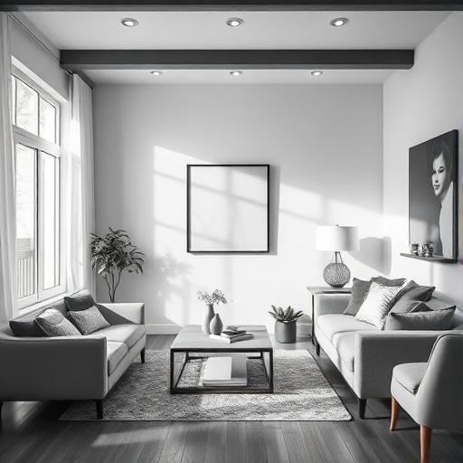 living room with black and white photography