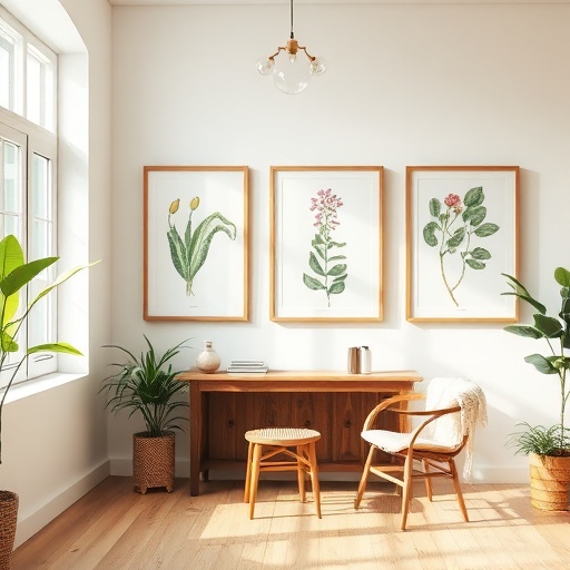 room with botanical prints in wood frames