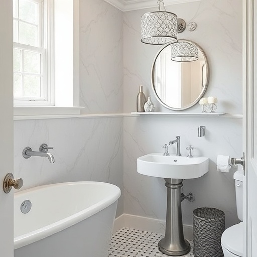 bathroom with silver fixtures and decor