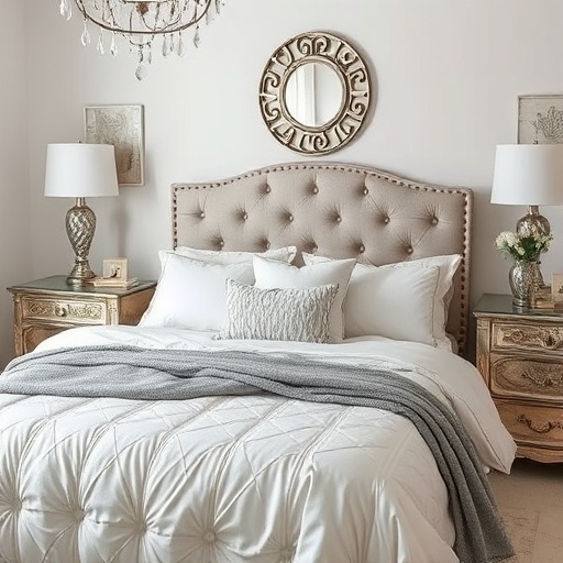 bedroom with silver bedding and decor