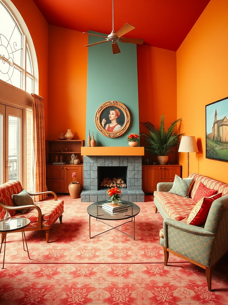 1950s living room with bold colors and patterns
