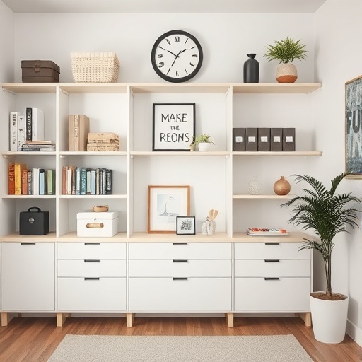 tidy room with organized shelves