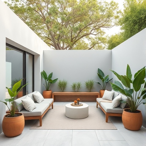 Mid-century outdoor decor with geometric furniture