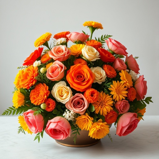 floral arrangement with marigolds and roses