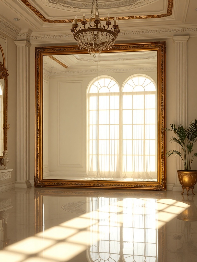 large mirror reflecting sunlight in a bright room