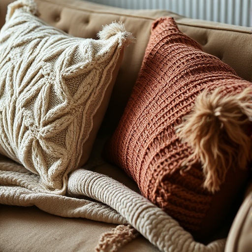 layered warm textiles on a sofa