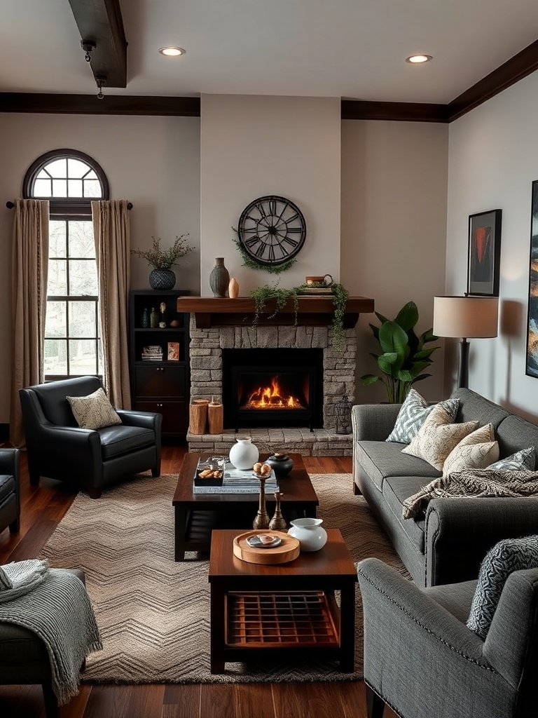 cozy living room with dark wood furniture