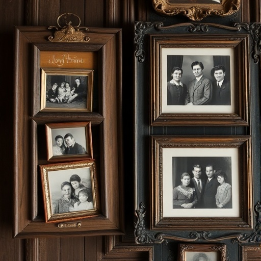 family heirlooms and photographs in rustic frames