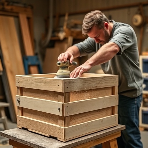 sanding a wooden crate