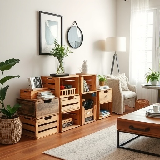 wooden crates for storage in living room