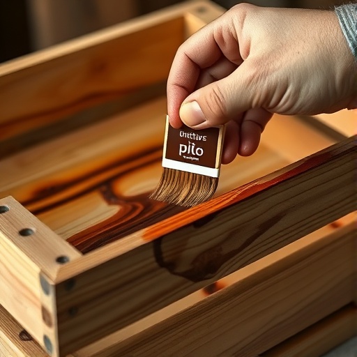 applying stain to a wooden crate