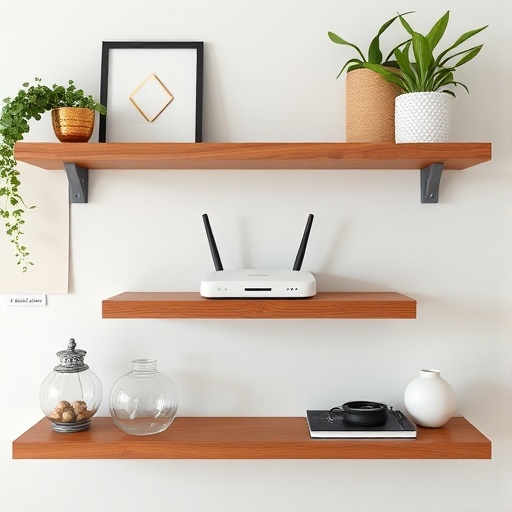 floating shelves with WiFi router and decor