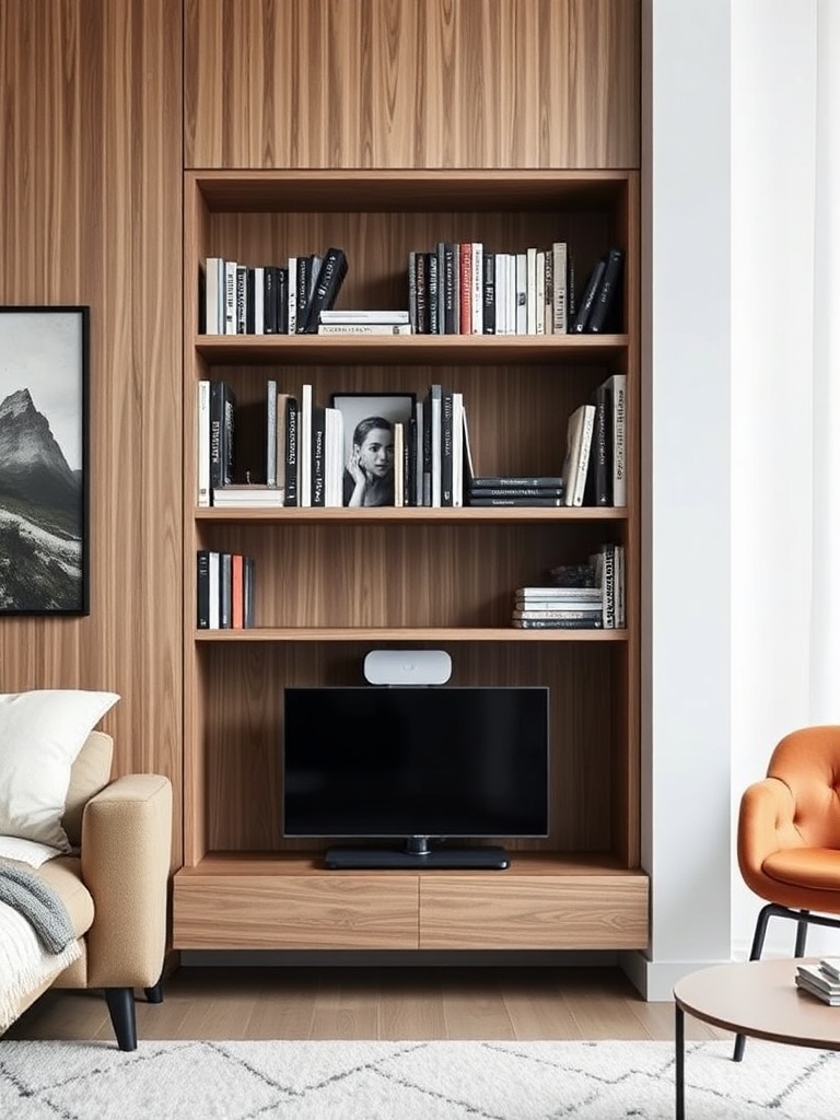 modern living room with bookshelf and router