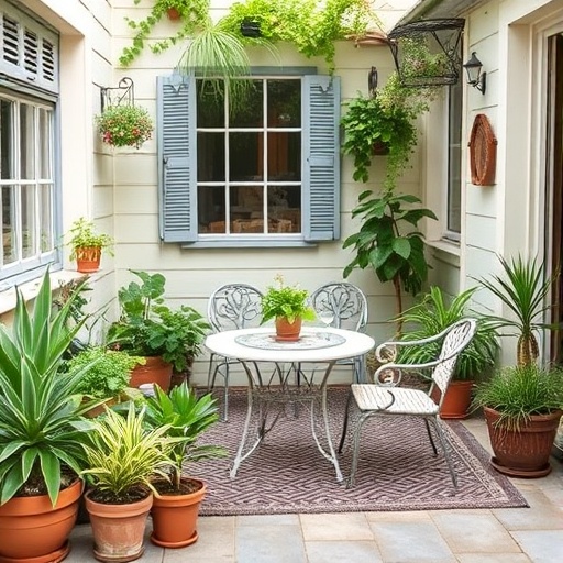 outdoor space with potted plants and vintage furniture