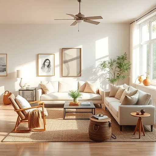 neutral furniture in a beachy living space