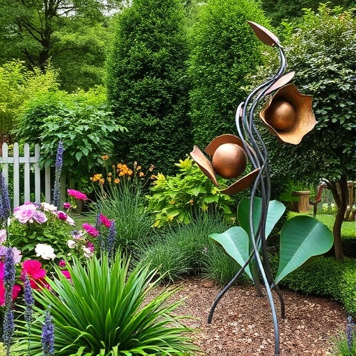 garden with metal sculpture