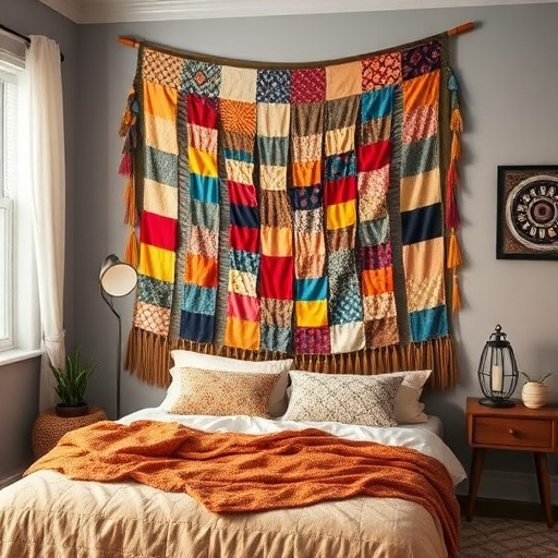 fabric wall hanging in a bedroom