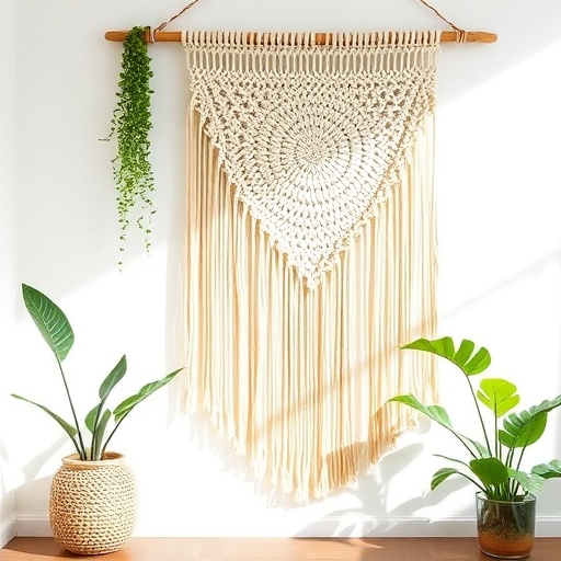 macramé wall hanging in a room