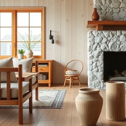 wooden furniture and stone accents in Nordic decor