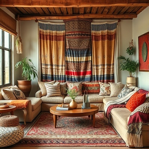 Layered textiles in a boho living room