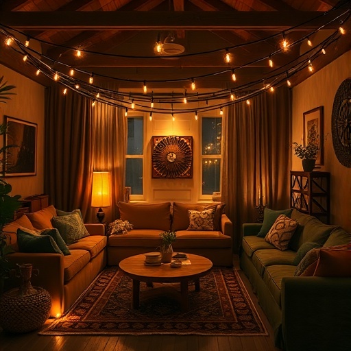 Warm lighting in a boho living room