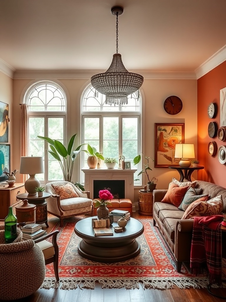 Cozy boho living room with eclectic decor