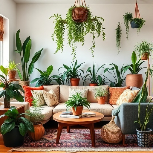 Indoor plants in a boho living room