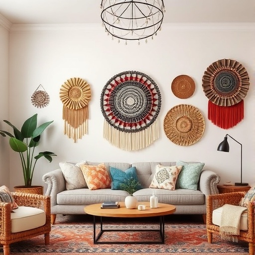 Unique wall art in a boho living room
