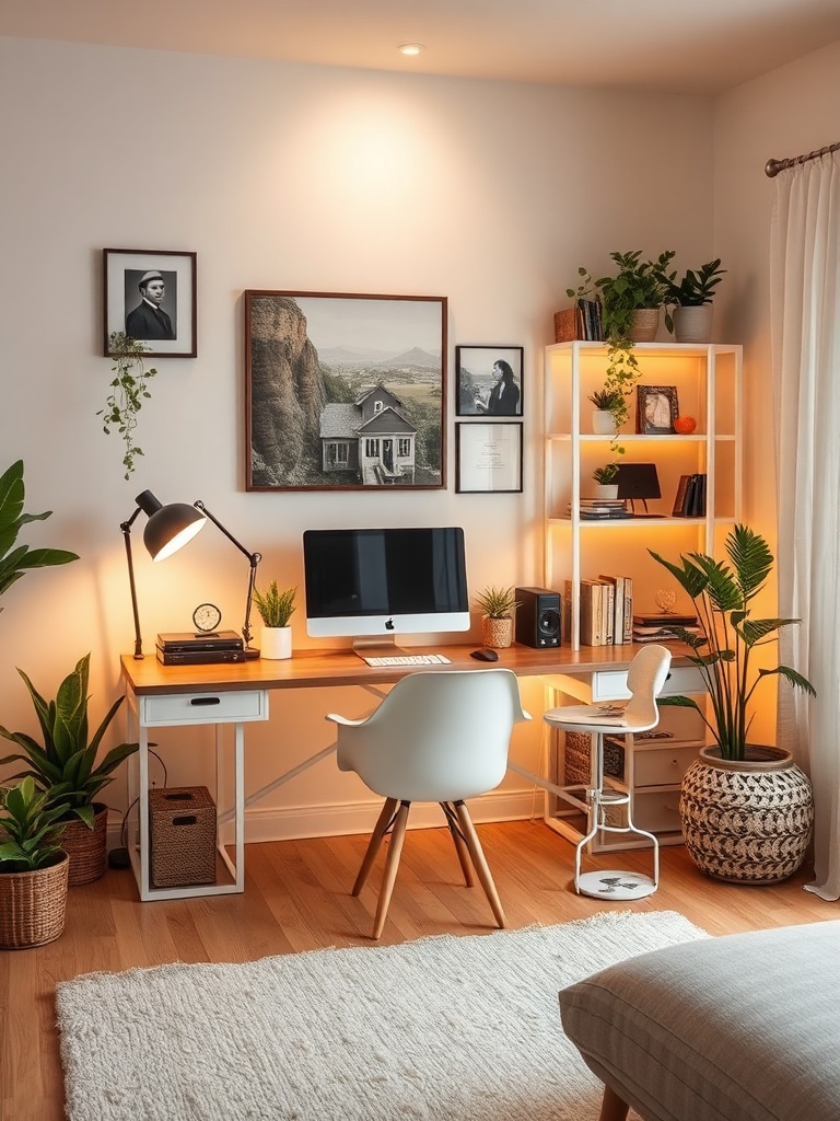 cozy home office with warm lighting