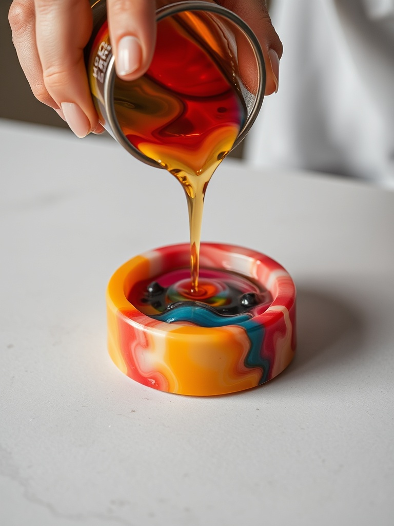 pouring colorful resin into a mold