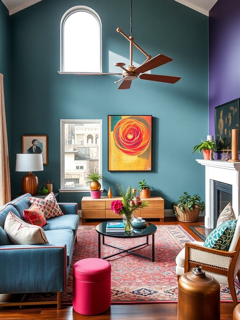 living room showcasing bold colors and eclectic decor