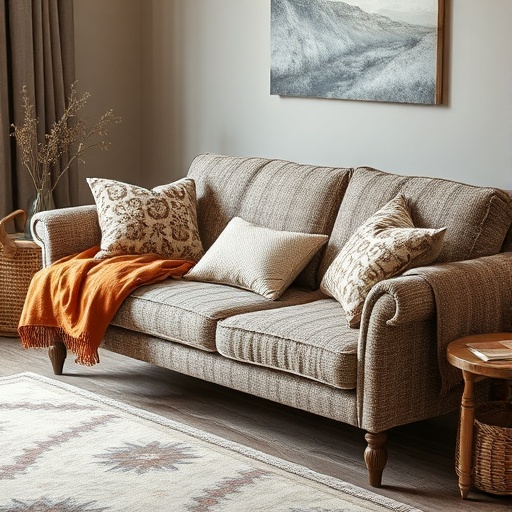 sofa showcasing layered textiles and patterns