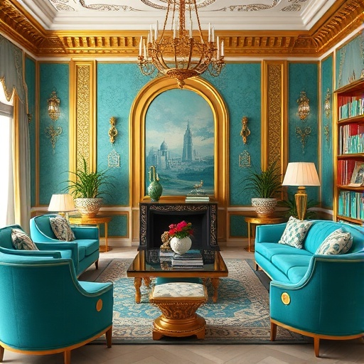 Living space with turquoise and gold decor