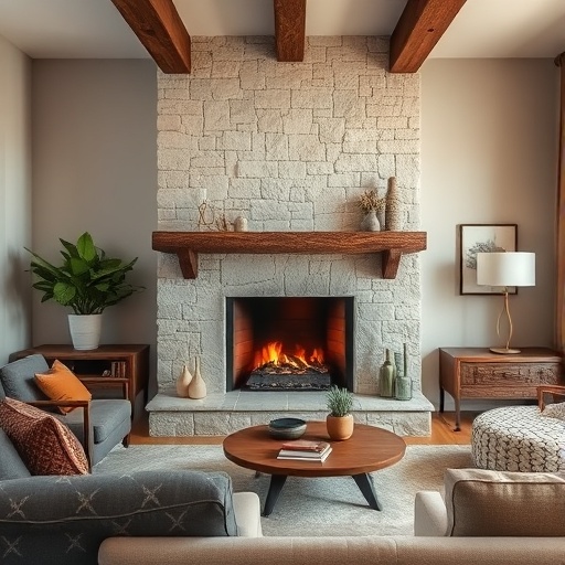 cozy limestone fireplace