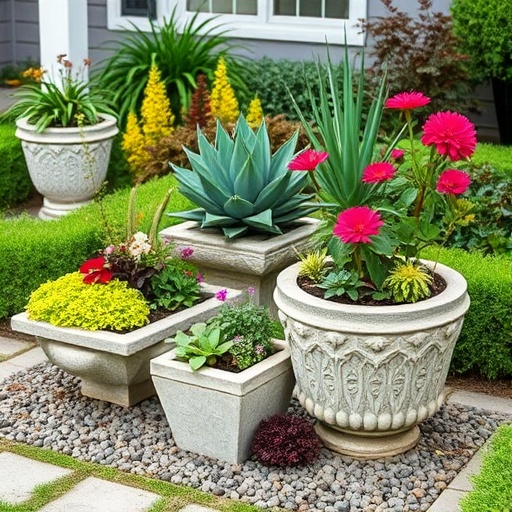 garden with stone planters