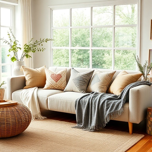 cushions and throws on a sofa