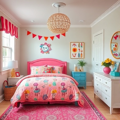 colorful bedding in a whimsical bedroom