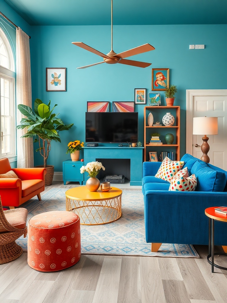 colorful living room with whimsical decor