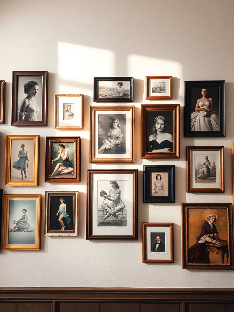 Gallery wall with diverse framed art