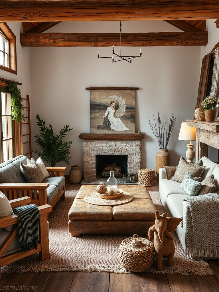 cozy rustic living room with wooden furniture