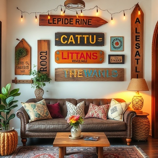 bohemian styled room with decor signs