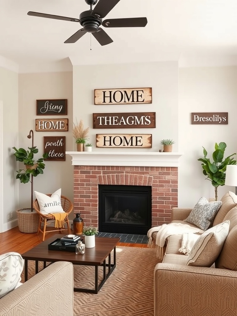 cozy living room with personalized decor signs