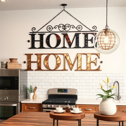 metal home decor signs in a kitchen