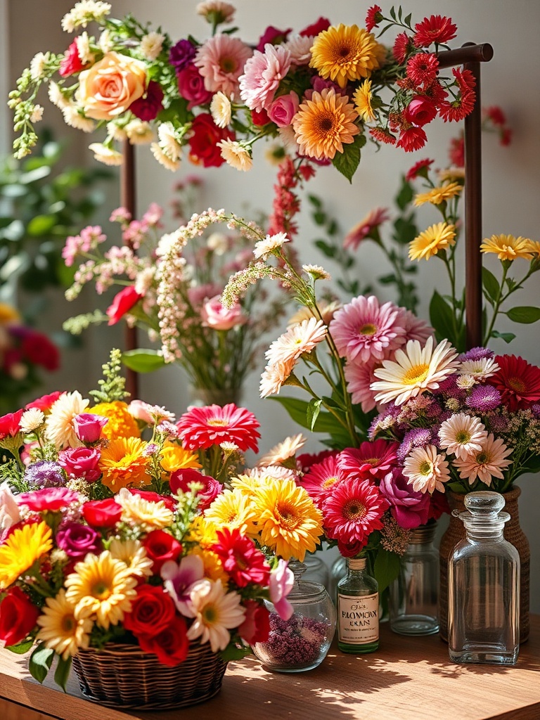 colorful bloom bar setup with flowers and supplies