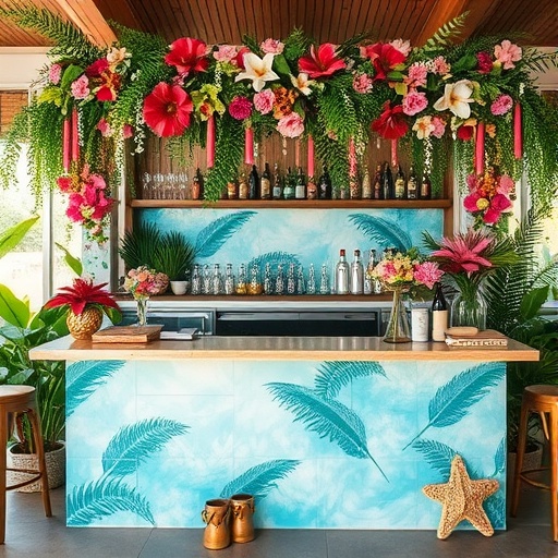 themed floral bar with tropical flowers