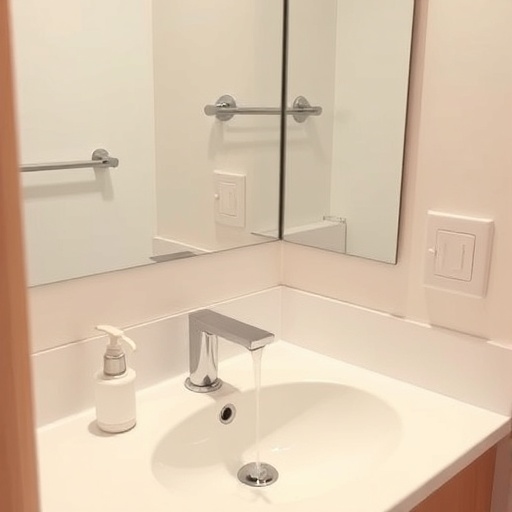 Clean bathroom sink and mirror