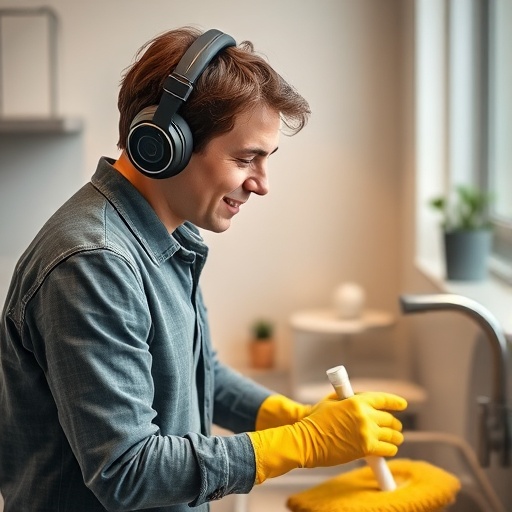 Person cleaning with headphones on