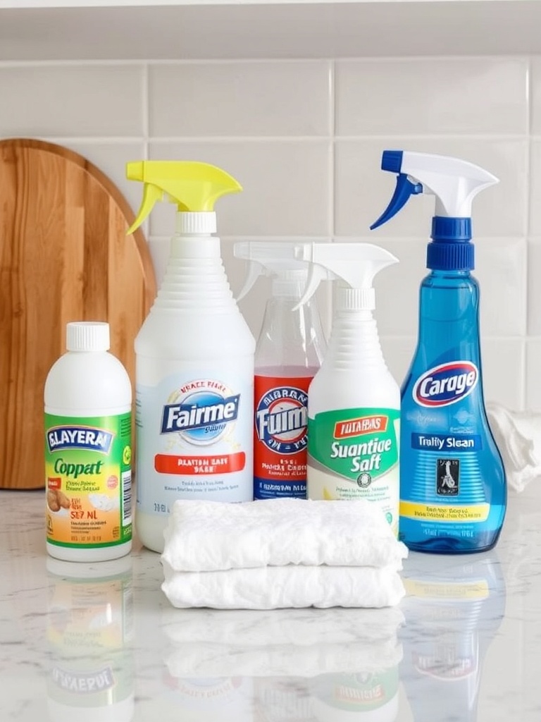 Essential cleaning supplies on a countertop